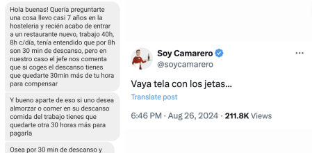 La surrealista condición de un hostelero a los camareros que quieren desayunar en su jornada: 