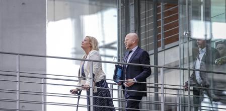 Federal Minister of the Interior and Home Affairs Nancy Faeser, left, attends the special session of the Bundestag's Committee on Internal Affairs, in Berlin, Friday, Aug. 30, 2024. Germany deported Afghan nationals to their homeland on Friday for the first time since August 2021, when the Taliban returned to power. (Kay Nietfeld/dpa via AP)