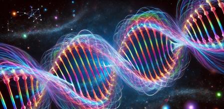 Representación artística de la doble hélice que imita una cadena de ADN como representación de dos fotones virtuales entrelazados para formar un gravitón virtual en el marco teórico de la “gravedad coloreada”