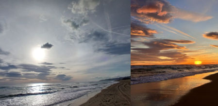 El halo solar y las nubes de viento de Gavà al atardecer en la playa de Gavà.