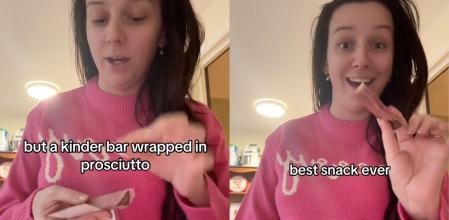 La polémica propuesta es envolver una barrita de chocolate Kinder con jamón.