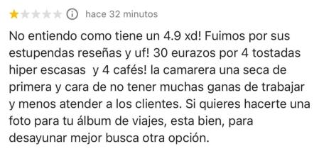 La elegante contestación de un restaurante ante la reseña negativa de un cliente: 