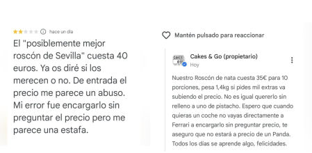 La elegante respuesta de una panadería a una reseña que critica el precio de su roscón de Reyes: “No es lo mismo sin relleno que a uno de pistacho”