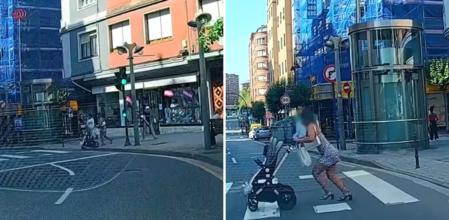 La irresponsabilidad de una mujer cruzando con un carrito de bebé con el semáforo en rojo en una calle de Leioa: 