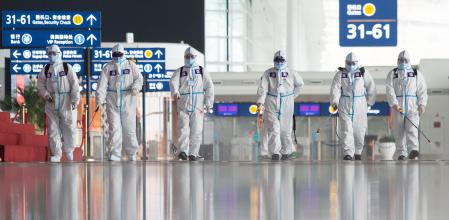 WUHAN, CHINA - APRIL 3, 2020: Flights From Wuhan Set To Resume April 8. Wuhan Tianhe International Airport was temporarily closed for the majority of air traffic following the outbreak of the deadly Coronavirus in January 2020. The Wuhan fire rescue service sent 160 members to carry out a full sanitisation and sterilisation operation of the 500000 square meters International Airport. Civil Aviation Administration of China reports domestic passenger flights of Wuhan Tianhe International Airport will resume operation from 0:00 on April 8. - (Photo credit should read Costfoto/Future Publishing via Getty Images)