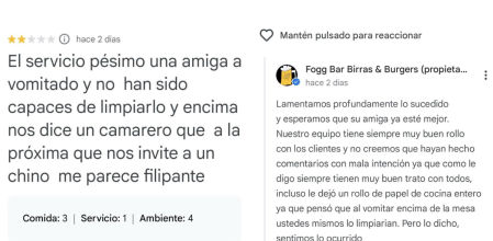 La elegante respuesta de un bar a una reseña por no limpiar el vómito de una clienta: “Eso lo tiene que hacer uno mismo”