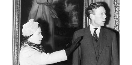 FILE - Professor Anthony Blunt, former surveyor of the Queen's pictures, photographed at the Courtauld Institute with Queen Elizabeth II on Nov. 15, 1979. (PA via AP, File)