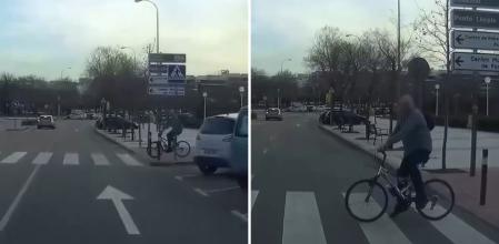 La temeraria maniobra de un ciclista en una calle de Alcobendas que casi le cuesta un atropello: 