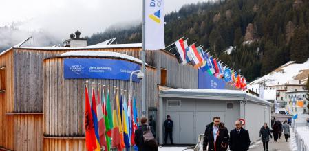 Attendees outside the Congress Center venue of the World Economic Forum (WEF) in Davos, Switzerland, on Thursday, Jan. 23, 2025. The annual Davos gathering of political leaders, top executives and celebrities runs from January 20 to 24. Photographer: Stefan Wermuth/Bloomberg
