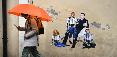 Rome (Italy), 20/01/2025.- A man walks past a mural by Italian artist Harry Greb depicting Elon Musk as a puppeteer and Donald Trump, Giorgia Meloni and Emmanuel Macron as his puppets, in Rome, Italy, 20 January 2025. (Italia, Roma) EFE/EPA/RICCARDO ANTIMIANI