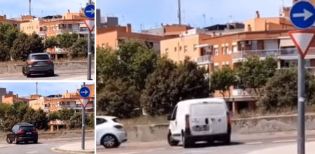 Varios vehículos se incorporan a la avenida Pomar haciendo caso omiso de la señal y cruzando una línea continua