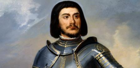 Detalle de un retrato historicista de Gilles de Rais por Eloi Firmin Féron, 1834. Versailles, Château et Trianons