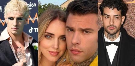 Los cantantes Achille Lauro y Tony Effe, junto a Fedez y su exmujer, Chiara Ferragni