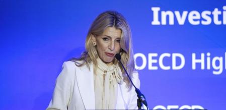 Yolanda Díaz, durante su intervención este jueves en el foro sobre política social en la sede de la OCDE en París
