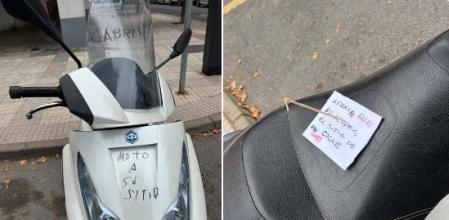 El scooter aparcado en un lugar reservado contenía diversos mensajes para su conductor