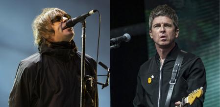 Liam Gallagher performs at the Reading Music Festival, England on Aug. 29, 2021, left, and Noel Gallagher performs at the Glastonbury Festival in Worthy Farm, Somerset, England, on June 25, 2022. (AP Photo)