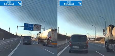 Una furgoneta conduce durante kilómetros por el carril izquierdo, al lado de un camión, sin adelantarle