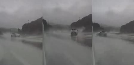 En esta secuencia grabada en la C-32, un vehículo pierde temporalmente el control debido al aquaplaning sin causar un accidente&nbsp;
