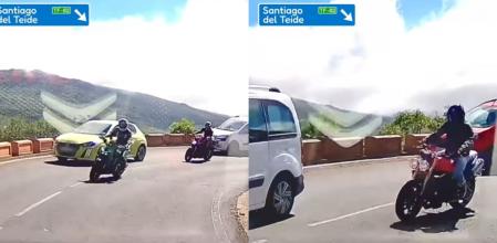 Tres motoristas invaden el sentido contrario para adelantar a dos coches en plena curva sin visibilidad