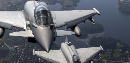 FILE - Italian Air Force Eurofighter Typhoon military fighter jets participate in NATO's Baltic Air Policing Mission operate in Lithuanian airspace, on Sept.12, 2023. (AP Photo/Mindaugas Kulbis, File)