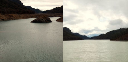 Imágenes comparativas del embalse de la Baells: arriba, como estaba el 3 de marzo; abajo, la misma vista, en la actualidad.