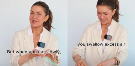 La nutricionista usa bolsas de plástico y bicarbonato para representar cómo el cuerpo digiere los alimentos cuando se come rápido y cuando se hace lento