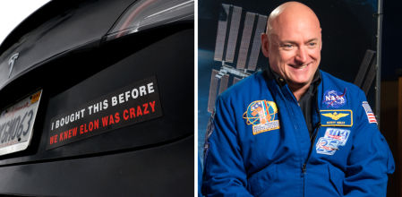Mark Kelly, astronauta de la NASA retirado, se ha deshecho de su Tesla; algunos propietarios han puesto una pegatina en su coche diciendo “Lo compré antes de que supiéramos que Elon estaba loco”