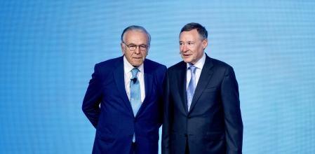 Isidre Fainé y Ángel Simón durante la presentación del plan estratégico de CriteriaCaixa.&nbsp;