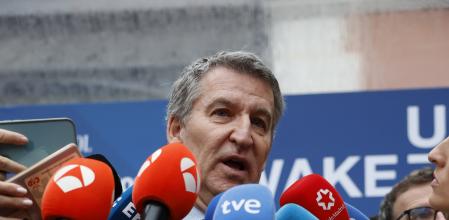 El presidente del PP, Alberto Núñez Feijóo, tras su intervención ayer en Wake up, Spain!