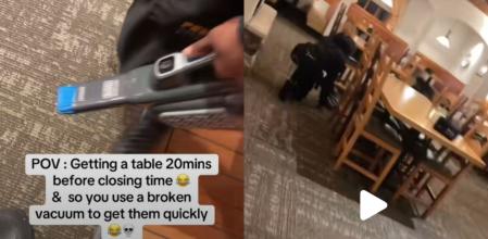 Dos camareros utilizan una aspiradora rota para disuadir a unos clientes poco antes de la hora de cierre.&nbsp;