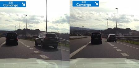 El momento en el que un coche adelanta por el arcén a una furgoneta que circula por una vía rápida