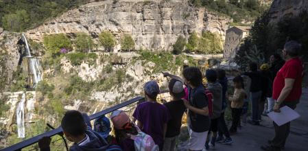 Un grupo de escolaes contemplando el salto de agua