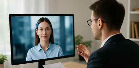 Un hombre ensaya una entrevista con una IA