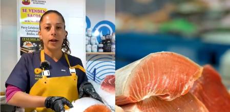 Una pescadera enumera los beneficios del salmón.