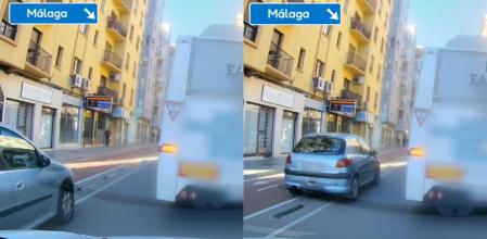 El momento en el que un coche adelanta a un autobús pisando el carril bici