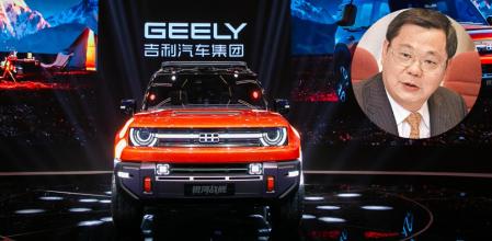 El CEO de Geely, Gui Shengyue, en una fotocomposición junto al nuevo Geely GX Cruiser que funciona con metanol.