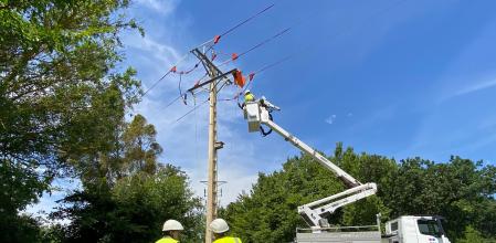 Operaris adapten una de les torres elèctriques de Pau (Alt Empordà).