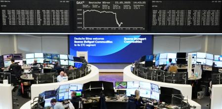 Vista de la Bolsa de Frankfurt, este viernes tras el desplome por los aranceles