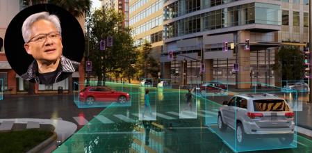 El CEO de Nvidia, Jensen Huang, junto a una representación gráfica de cómo funcionarán los coches autónomos en el futuro.