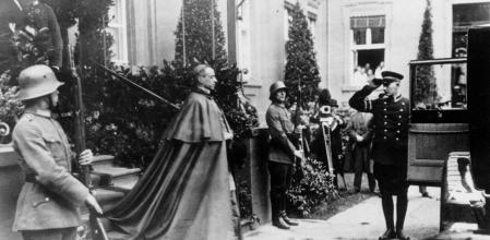 Papal diplomat Eugenio Pacelli (1876 - 1958, later Pope Pius XII), leaving the presidential palace in Berlin where celebrations to mark the 80th birthday of German president Paul von Hindenburg are taking place, October 1927. (Photo by Keystone-France/Gamma-Keystone via Getty Images)