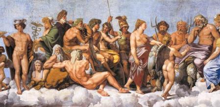 Loggia di Psiche, 1518-19, fresco de Rafael. En imagen, sección del techo donde se representa el concilio de los dioses, principalmente los doce olímpicos, recibiendo a Psique.