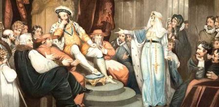 Catalina de Aragón defendiendo su causa ante el rey Enrique VIII. Mezzotinta coloreada de W. Ward, 1802, según R. Westall