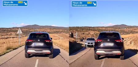 El momento en el que un coche que conduce por el medio de dos carriles, invadiendo la mitad del sentido contrario, casi provoca un accidente al pasar una curva