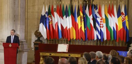 El Rey, durante su intervención, el pasado jueves, en el acto institucional por el 40 aniversario de la firma del Tratado de Adhesión