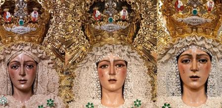Imagen de la Macarena antes de la restauración; en el centro, con las polémicas pestañas; y, a la derecha, el resultado final