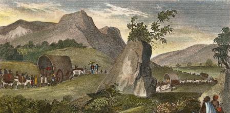 'Voortrekkers' recorriendo el Gran Trek desde Colonia del Cabo a Natal a partir de 1835. Grabado, 1837