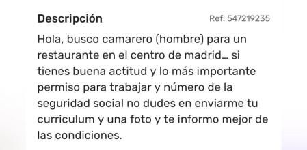 La descripción de una oferta de trabajo para un restaurante de Madrid que busca camarero