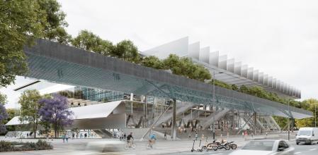 Recreación virtual del nuevo palacio multifuncional con una pasarela elevada