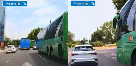 El momento en el que un autobús se salta una línea continua para adelantar a un coche en una intersección