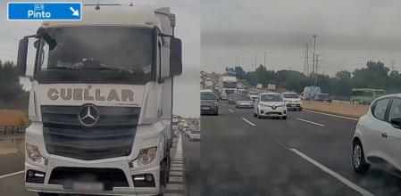 El momento en el que un camionero tira una piel de plátano a un coche